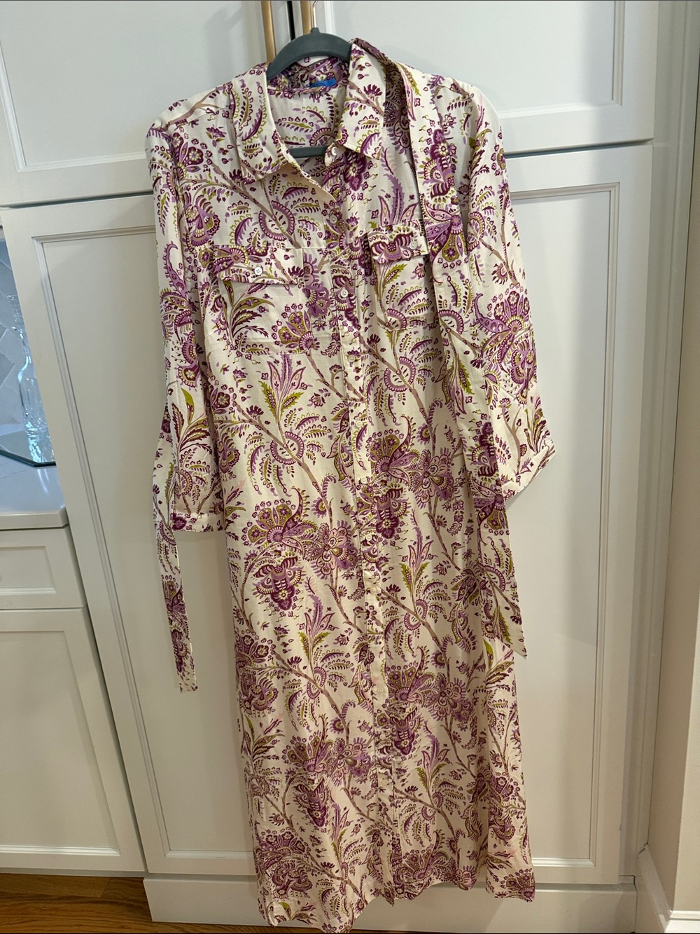 J. McLaughlin Cream and Purple Paisley Midi Shirt Dress